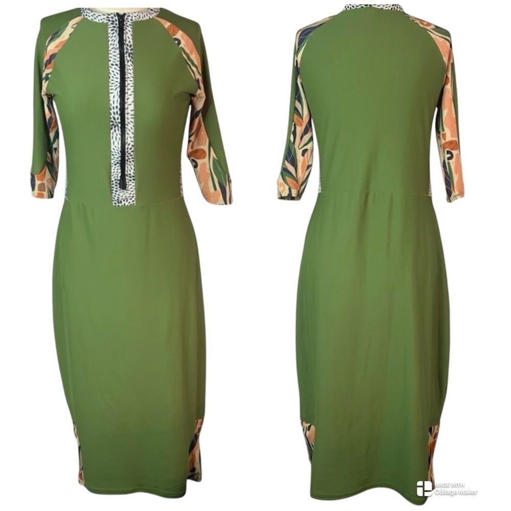 Casual Round Neck Quarter Zip Fitted Waist Business Vintage Style Pencil Dress‎
